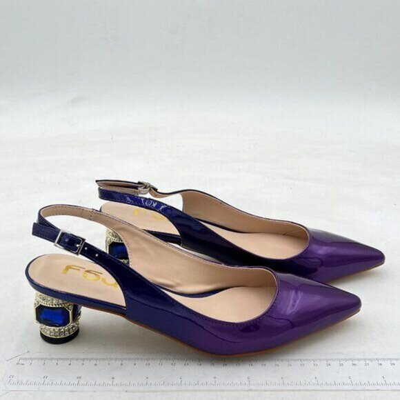 FSJ Purple Pointed Toe Slingback Wedding Pumps Chunky Low Heel Rhinestone Sandal - Picture 4 of 8